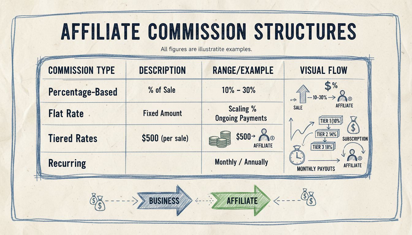 Affiliate commission structure comparison showing percentage-based, flat rate, tiered, and recurring commission models with visual money flow between business and affiliates