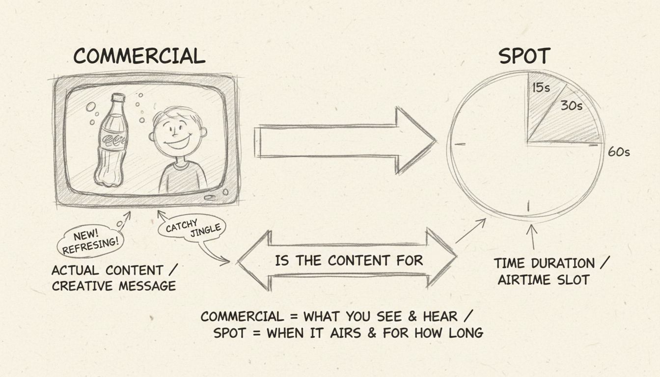 Hand-drawn diagram showing the difference between commercial content and advertising spots with time durations
