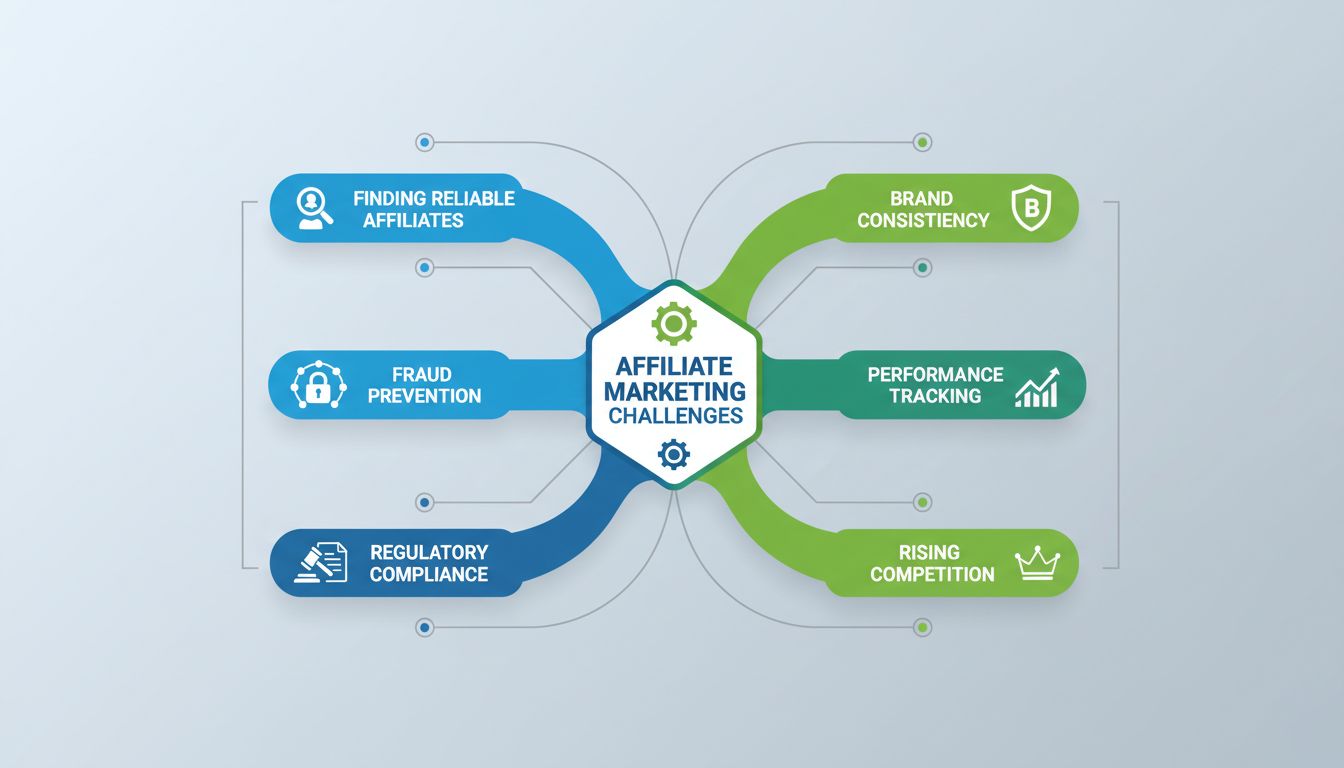Affiliate Marketing Challenges Infographic showing finding reliable affiliates, brand consistency, fraud prevention, performance tracking, regulatory compliance, and rising competition