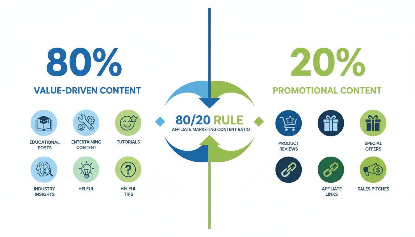 80/20 content ratio infographic showing 80% value-driven content and 20% promotional content for affiliate marketing