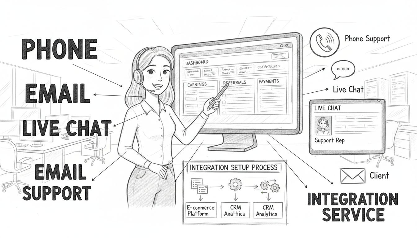 Customer support team providing setup assistance with phone, email, live chat, and integration service channels illustrated