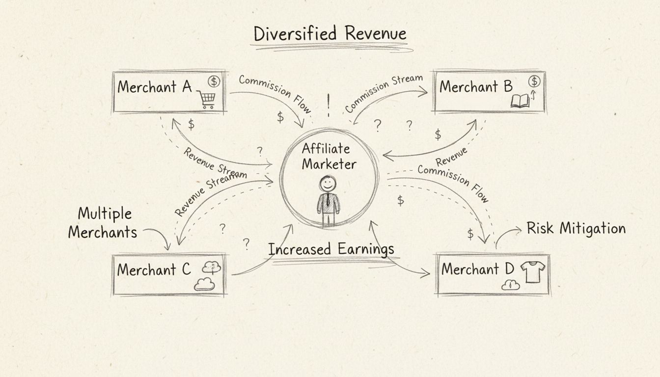 Hand-drawn diagram showing affiliate marketer connected to multiple merchants with diversified revenue streams and commission flows