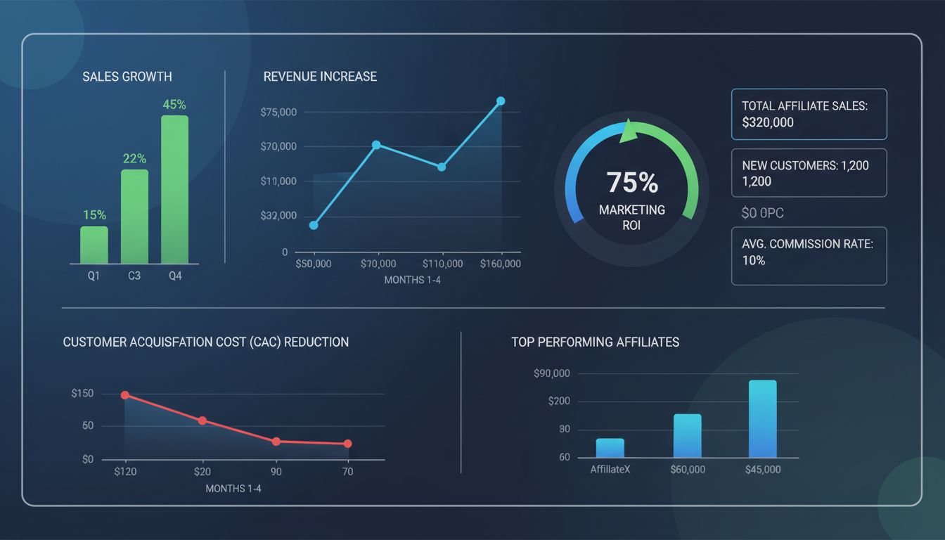 Business growth chart showing affiliate marketing ROI and performance metrics with sales growth, customer acquisition cost reduction, and revenue increase