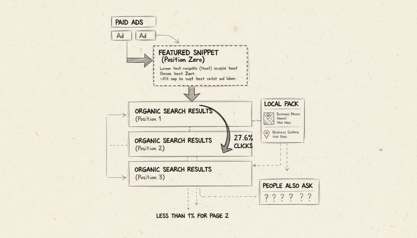 SERP layout diagram showing paid ads, featured snippets, organic results, and traffic distribution