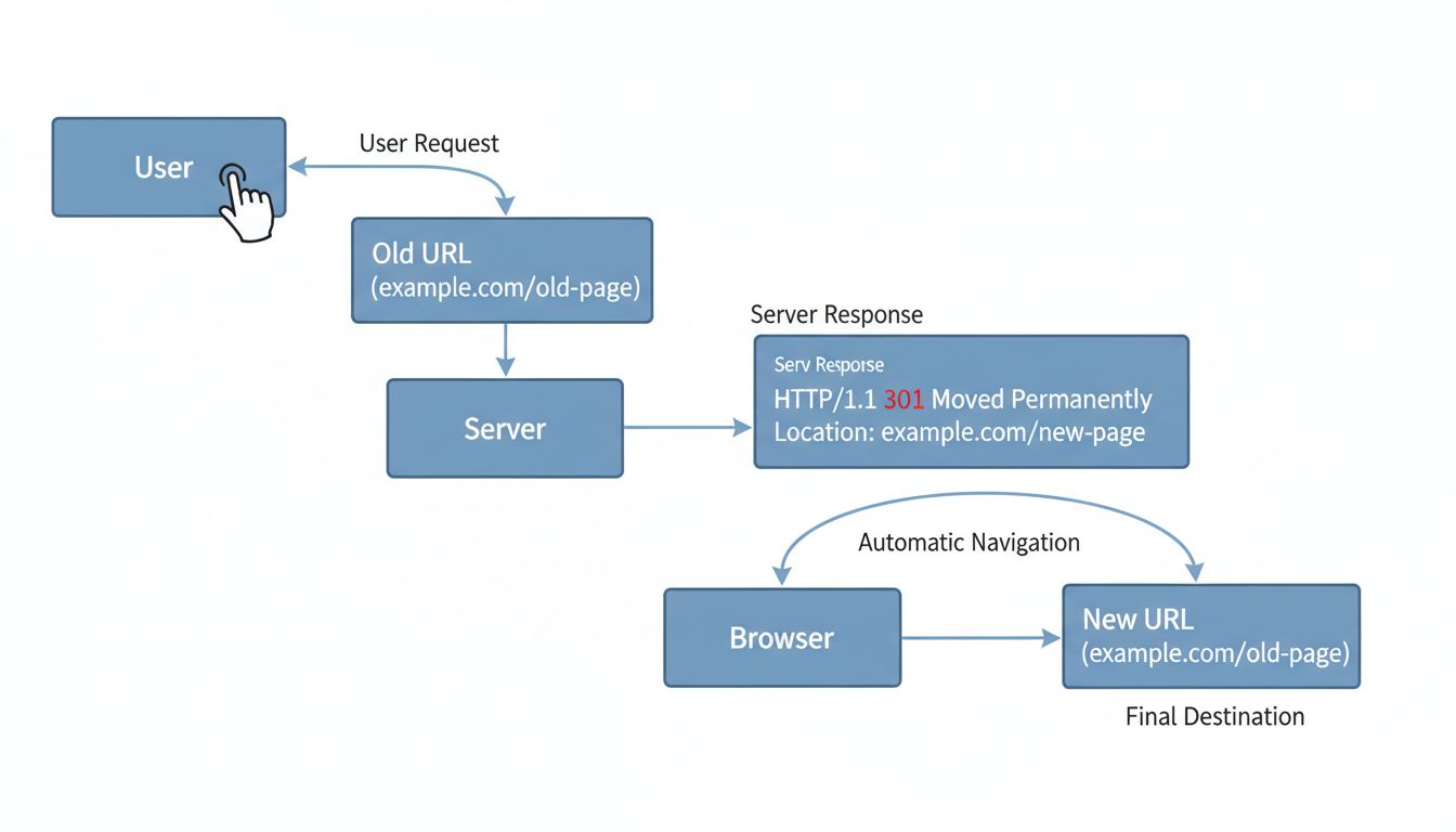 Technical diagram showing HTTP redirect flow from user request through server response to final destination