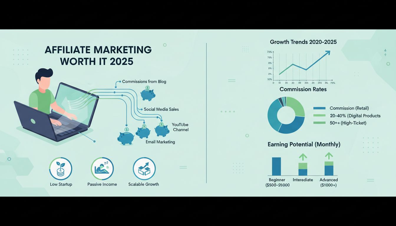 Affiliate marketing benefits infographic showing passive income, low startup costs, and scalable growth potential in 2025