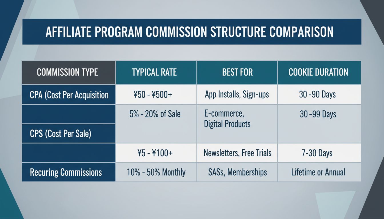 Commission structure comparison table showing CPA, CPS, CPL, and recurring commission types with rates and cookie durations