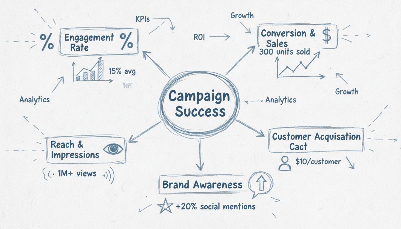 Micro-influencer campaign success metrics framework showing engagement rate, conversion and sales, reach and impressions, customer acquisition cost, and brand awareness