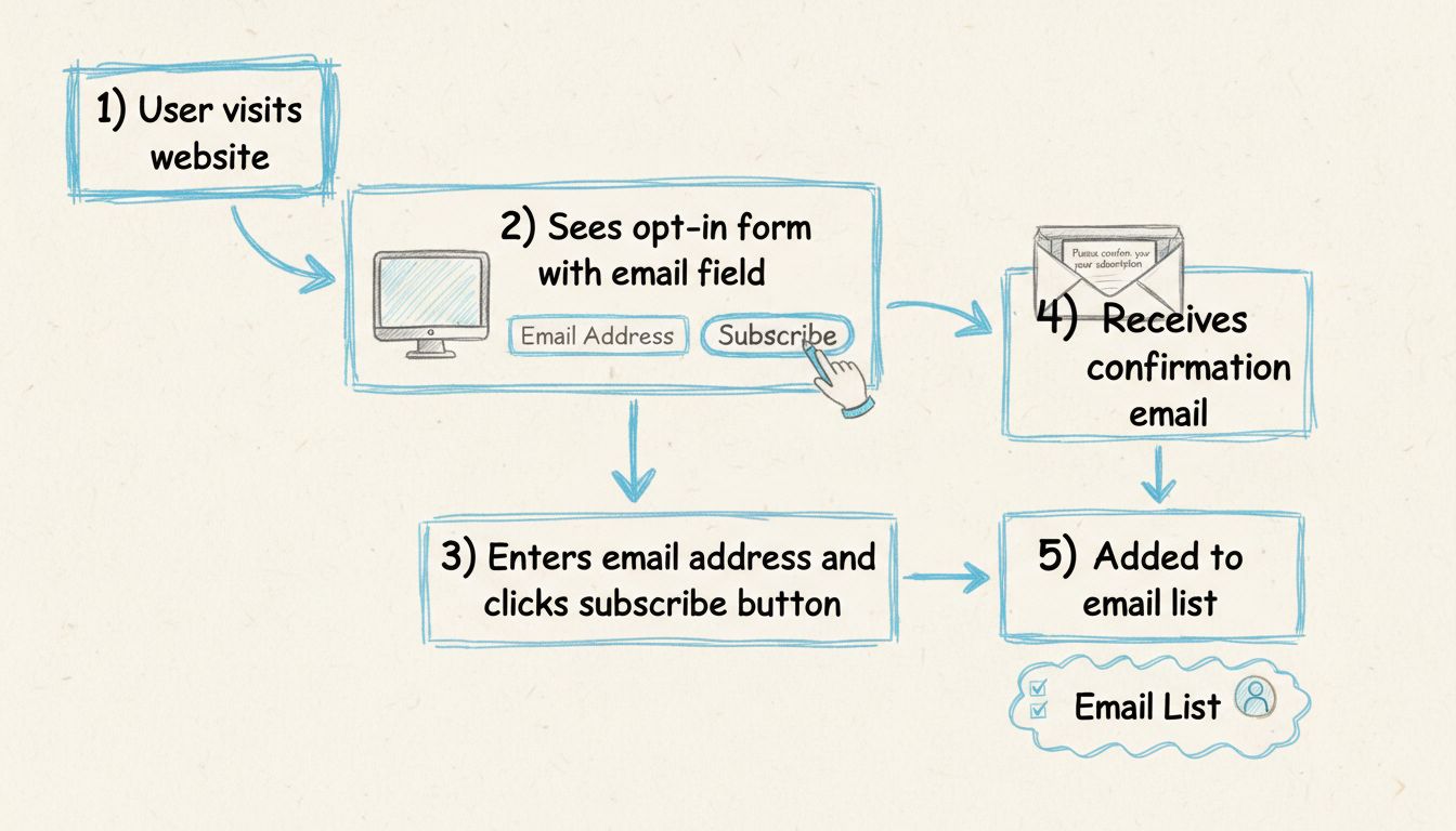 Email opt-in workflow diagram showing 5 steps from website visit to email list subscription