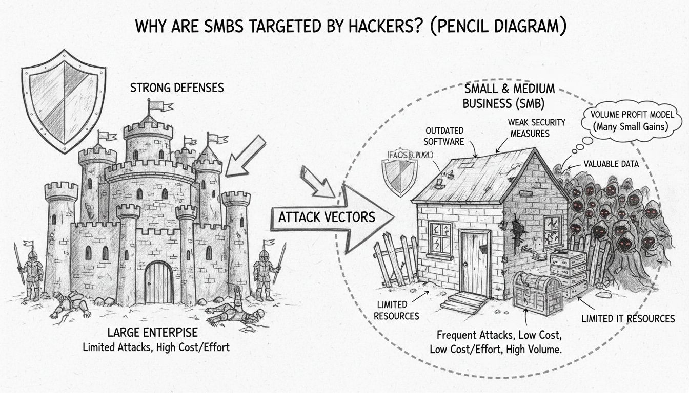Hand-drawn diagram showing why SMBs are targeted by hackers, comparing enterprise fortress with weak SMB defenses, including labeled elements like limited IT resources, outdated software, weak security measures, valuable data, easy entry points, and volume profit model