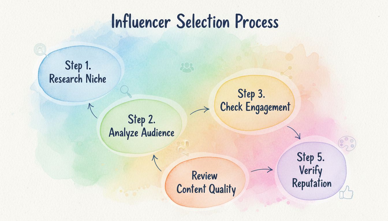 Influencer selection process flowchart showing five steps: research niche, analyze audience, check engagement, review content quality, and verify reputation