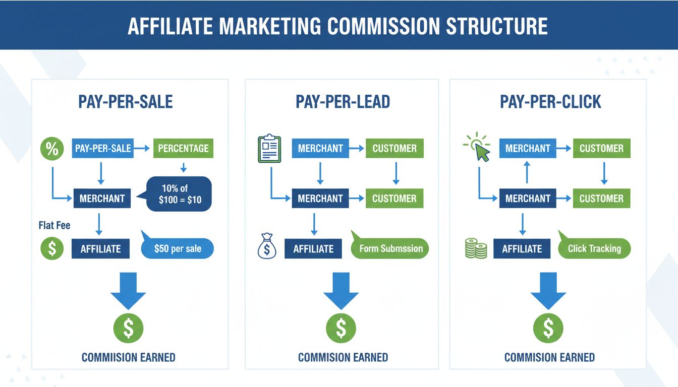 Affiliate marketing commission structure infographic showing Pay-Per-Sale, Pay-Per-Lead, and Pay-Per-Click models with example calculations