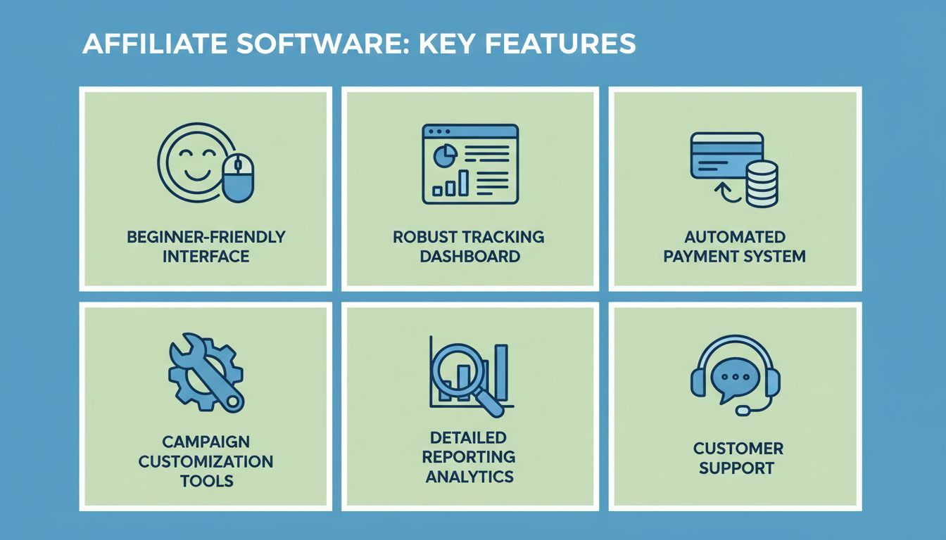 Key features to look for in affiliate software including tracking, payments, customization, reporting and support