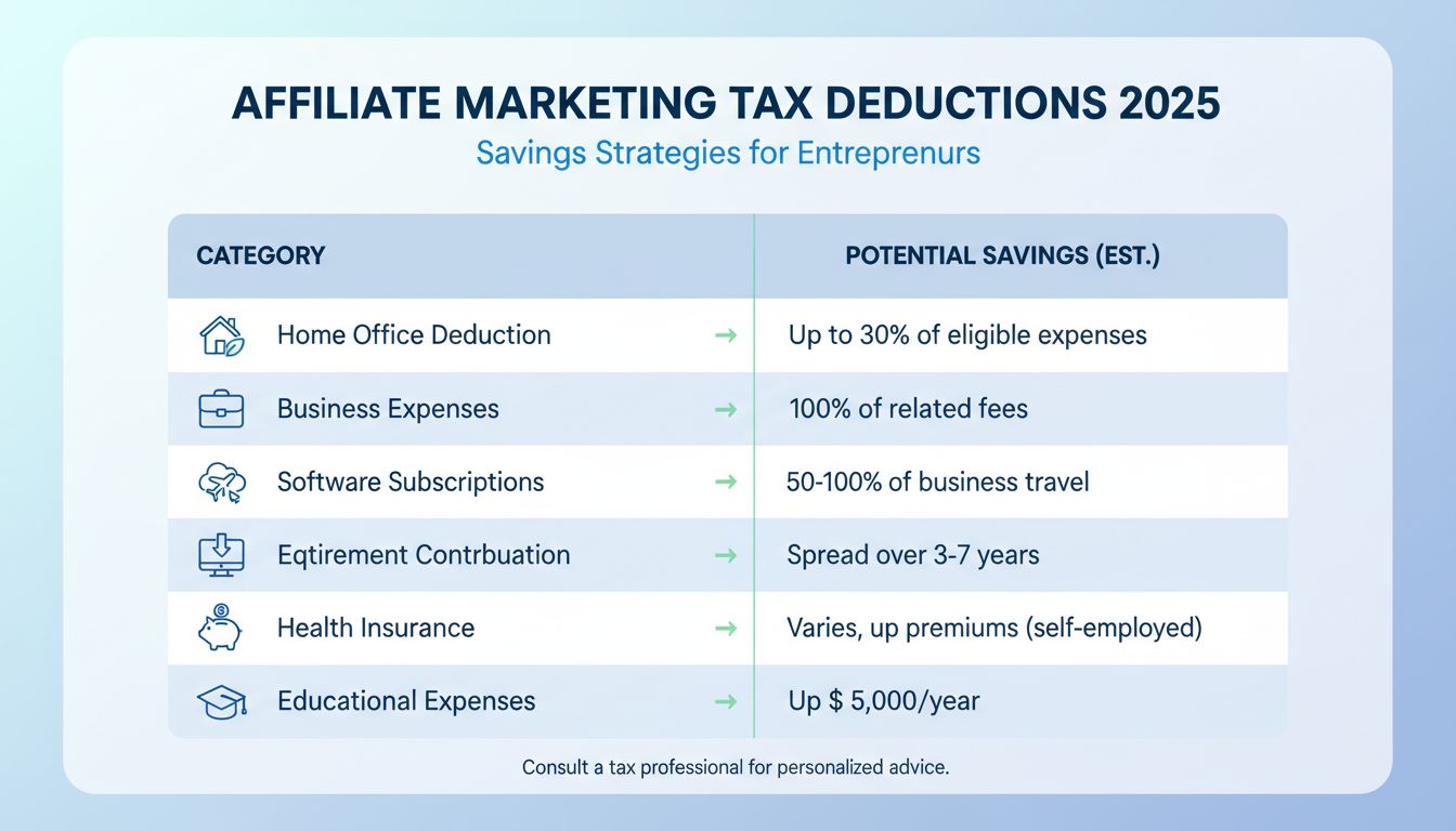 Affiliate Marketing Tax Deductions 2025 - Infographic showing home office, business expenses, software, travel, equipment, retirement, health insurance, and education deductions