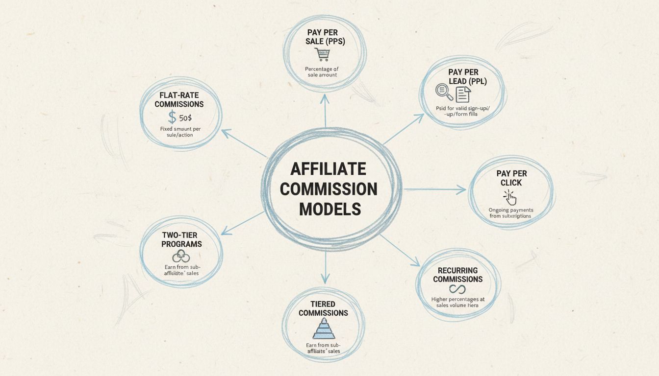 Hand-drawn diagram showing 7 types of affiliate commission models with labels and descriptions