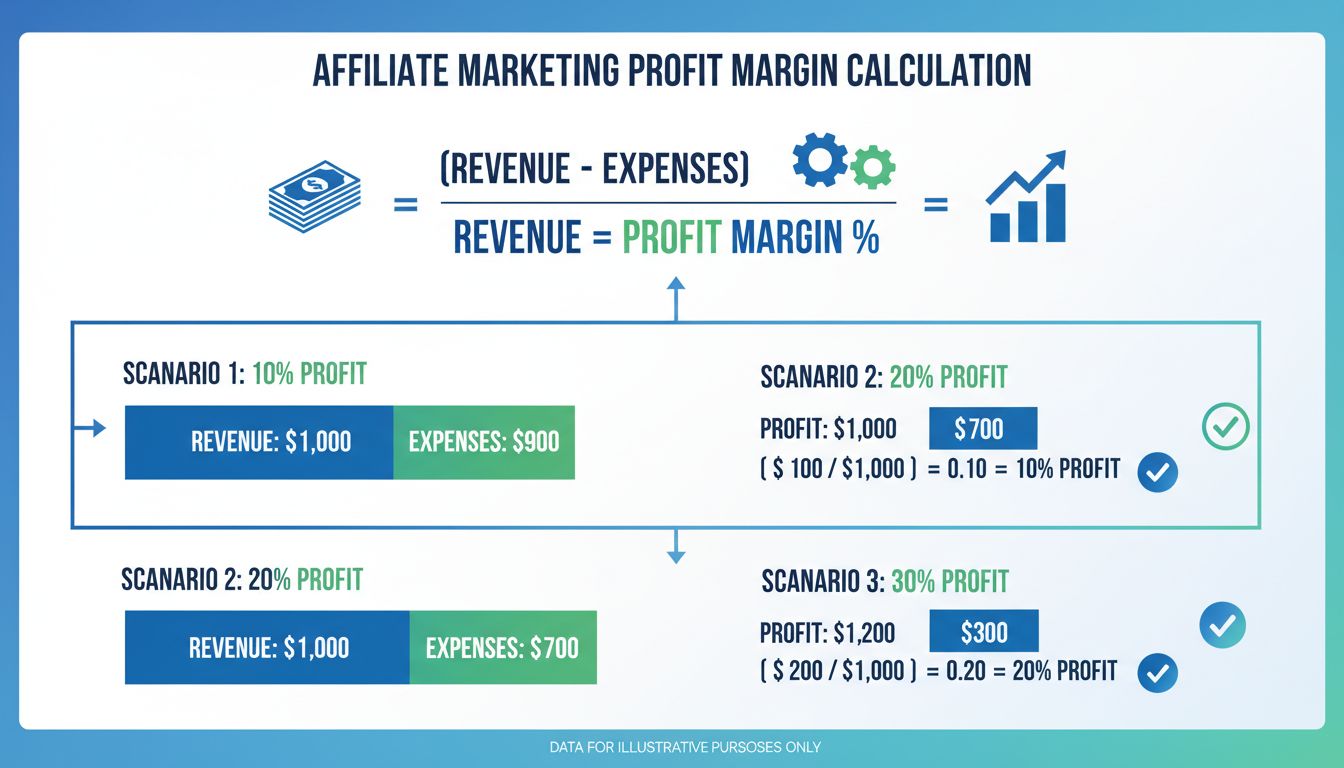 Profit margin calculation infographic showing revenue, expenses, and profit margin percentages
