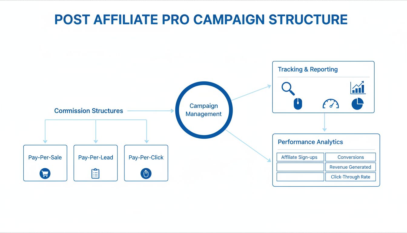 Post Affiliate Pro campaign structure diagram showing commission types, tracking, and reporting