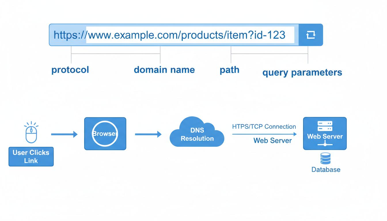 URL structure diagram showing protocol, domain, path, and parameters components