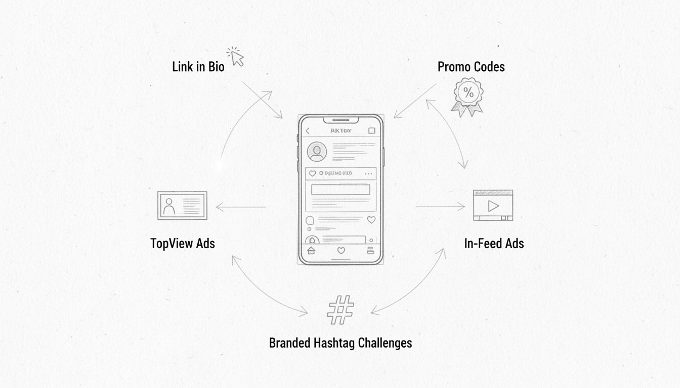 TikTok affiliate marketing strategy diagram showing link placement, promo codes, TopView ads, In-Feed ads, and branded hashtag challenges