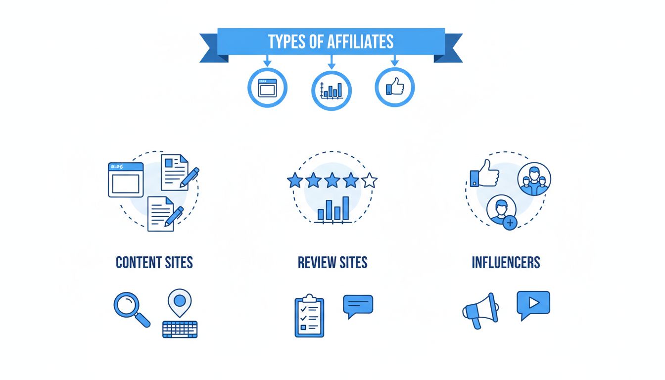 Infographic showing the 3 main types of affiliates: Content Sites, Review Sites, and Influencers
