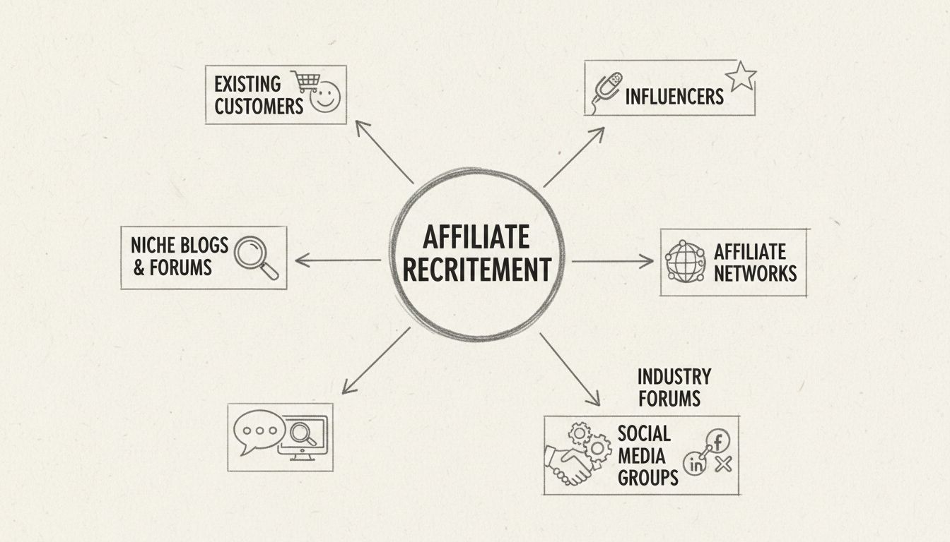 Affiliate recruitment channels diagram showing existing customers, niche blogs, affiliate networks, social media, and industry forums