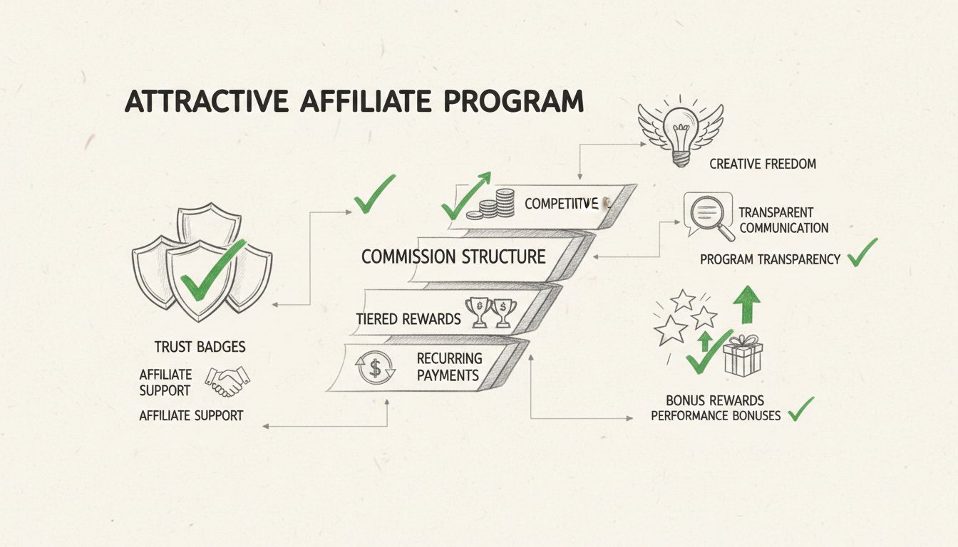 Infographic showing attractive affiliate program elements including commission structure, trust badges, bonus rewards, creative freedom, and transparent communication
