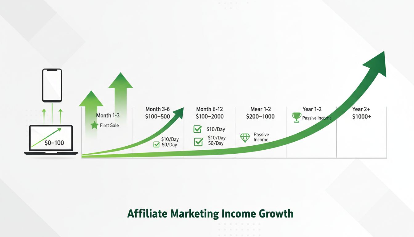 Timeline showing affiliate marketing income growth progression from zero to $100 per day with milestones
