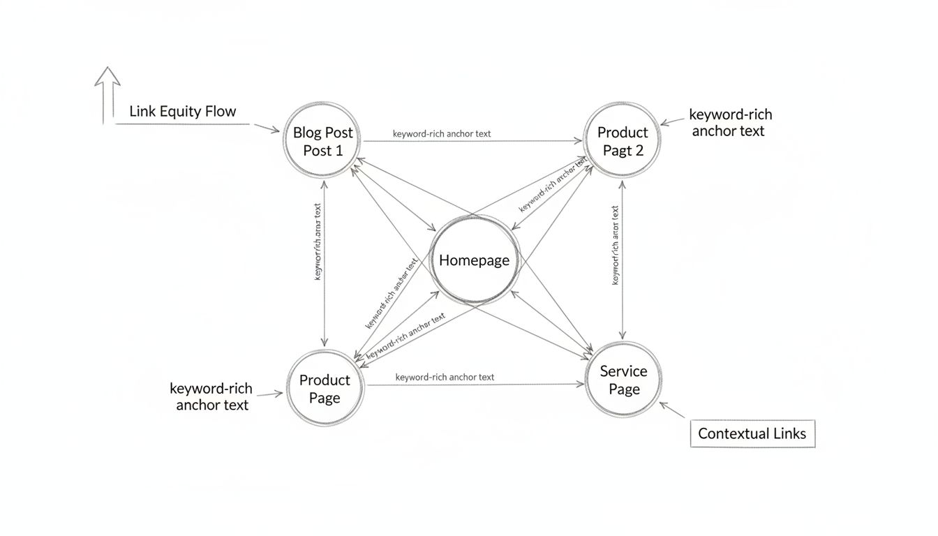 Internal linking strategy diagram showing website hub connected to multiple pages with keyword-rich anchor text and link equity flow
