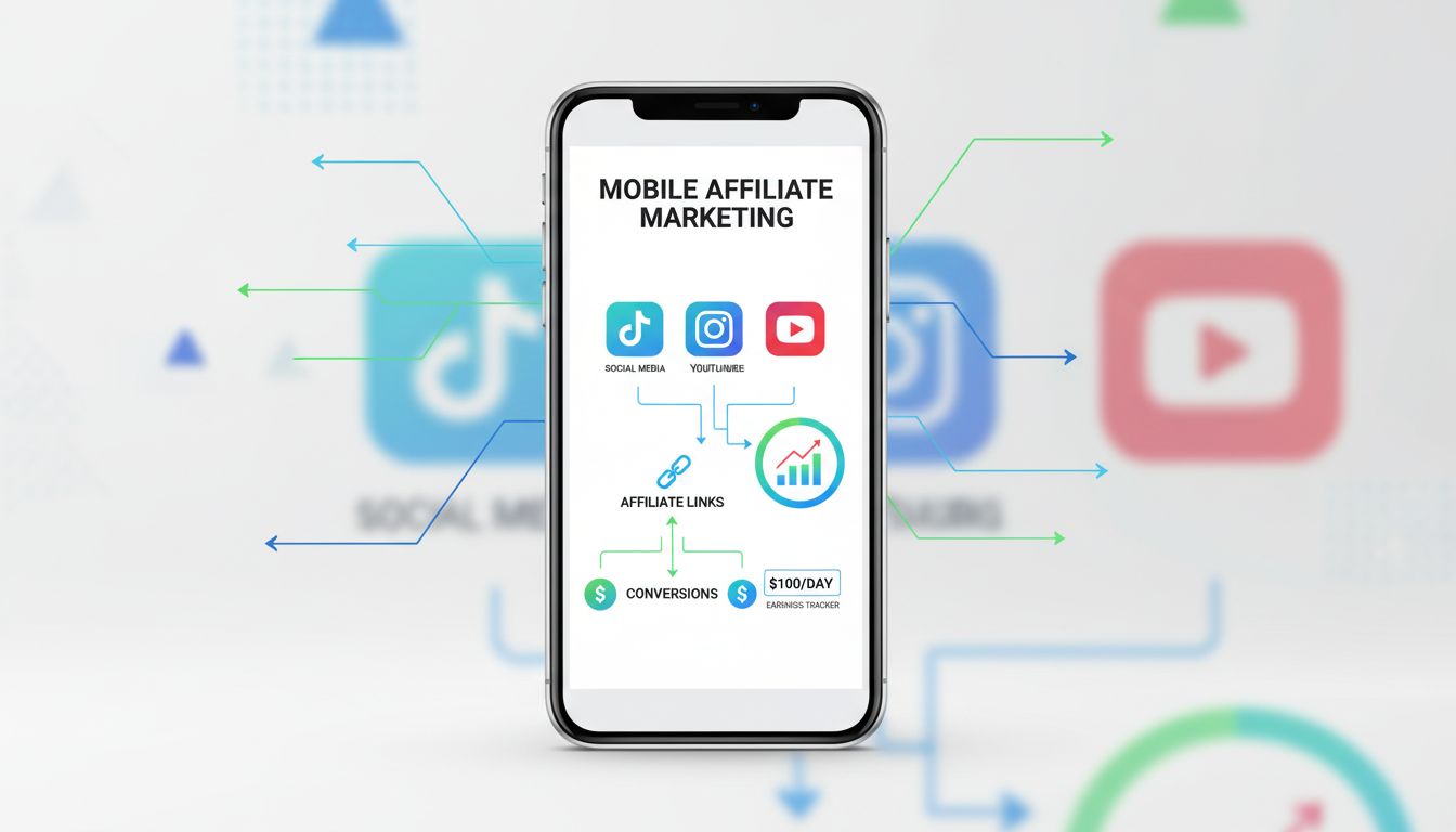 Mobile affiliate marketing workflow showing smartphone dashboard with social media integration and earnings tracking