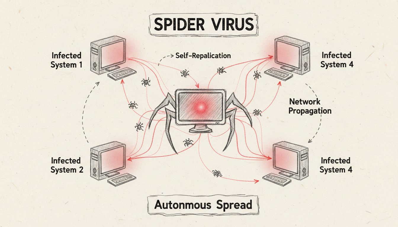 Technical diagram showing spider virus network propagation with infected systems spreading across connected nodes