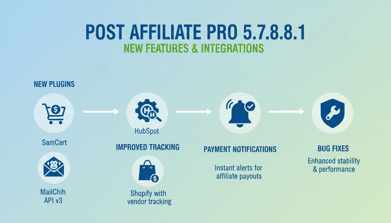 Post Affiliate Pro 5.7.8.1 new features infographic showing SamCart, MailChimp API v3, HubSpot, Shopify integrations and payment notifications