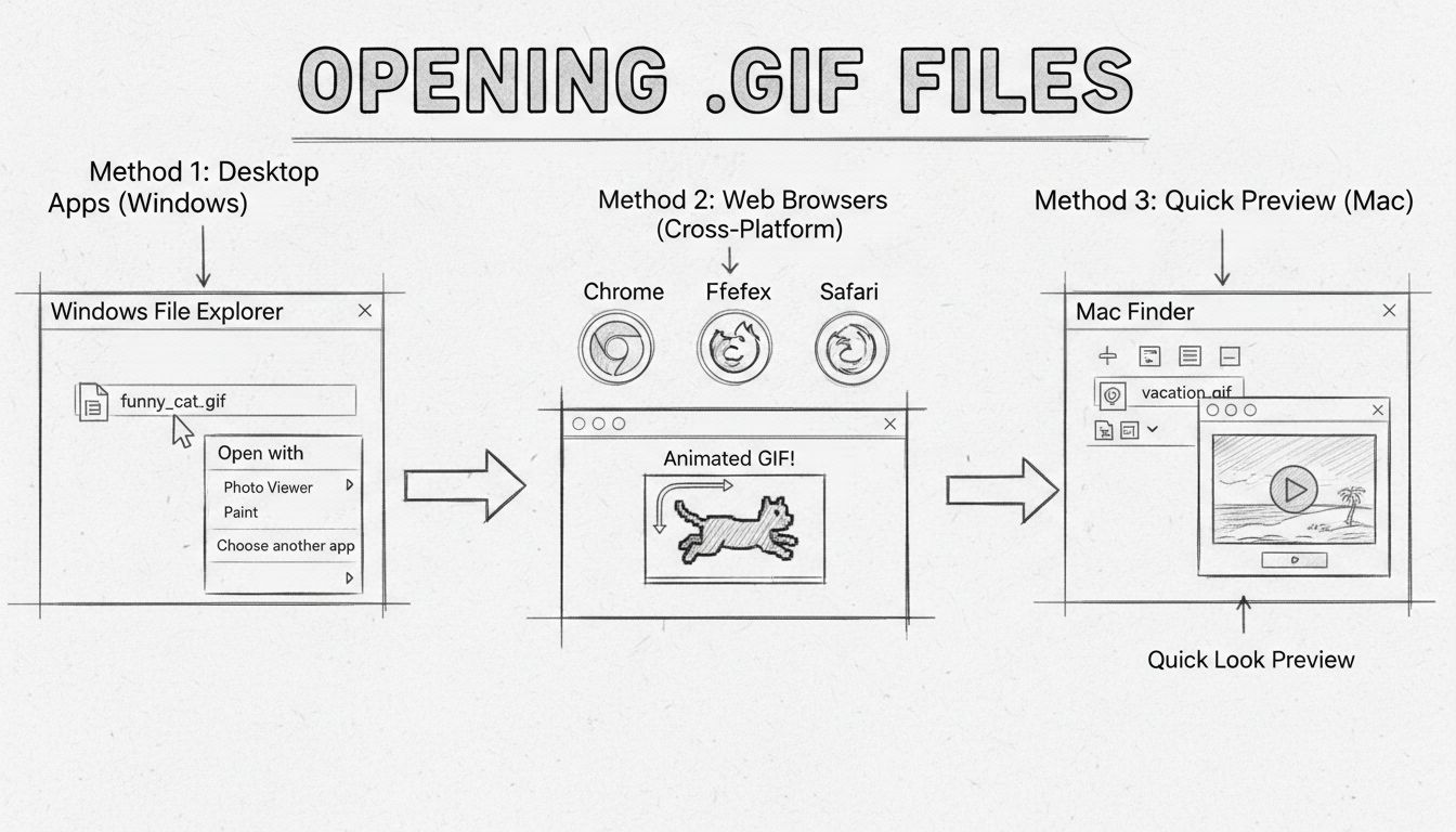 Hand-drawn diagram showing different methods to open GIF files on Windows, Mac, and web browsers with labeled steps and arrows