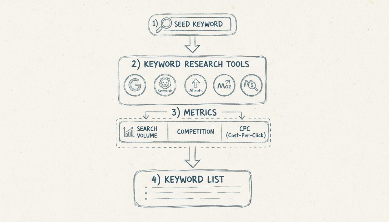 Keyword research workflow diagram showing seed keyword input, research tools, metrics analysis, and keyword list output