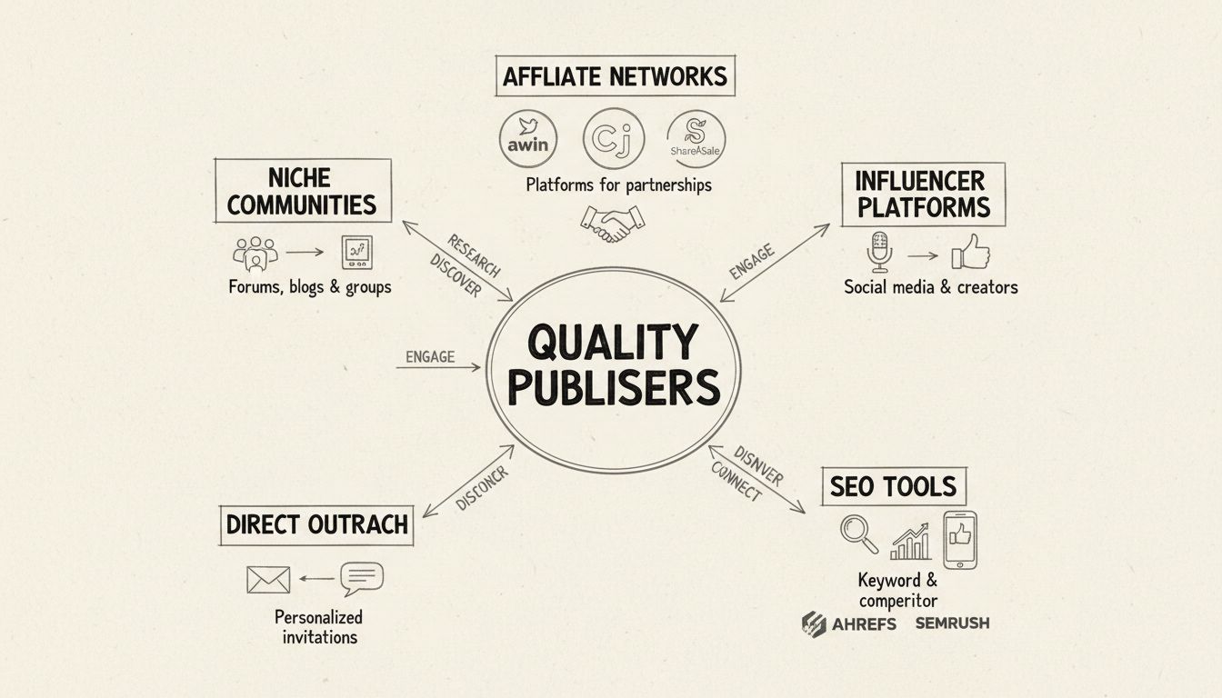 Hand-drawn diagram showing affiliate marketing publisher discovery process with multiple channels including affiliate networks, influencer platforms, SEO tools, direct outreach, and niche communities