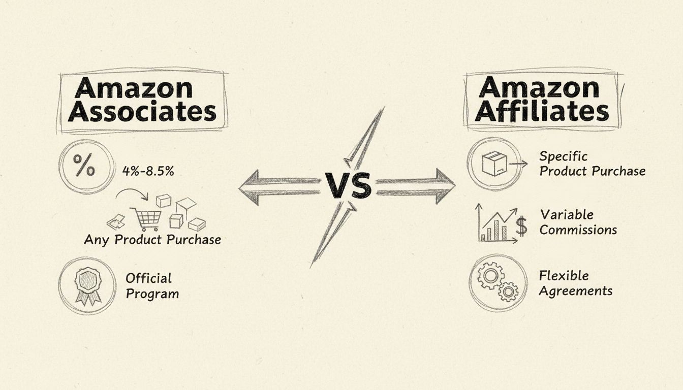 Hand-drawn comparison diagram of Amazon Associates vs Amazon Affiliates showing commission structures and earning mechanics