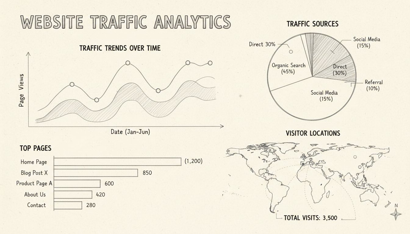 Website traffic analytics dashboard showing line graphs, pie charts, bar charts, and world map with visitor locations