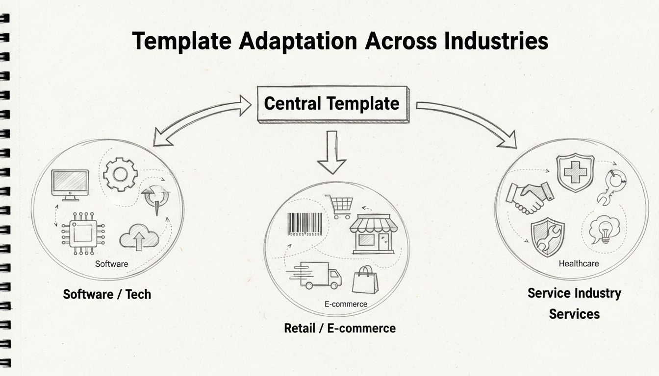 Hand-drawn diagram showing template adaptation across different industries including software, retail, services, e-commerce, and healthcare