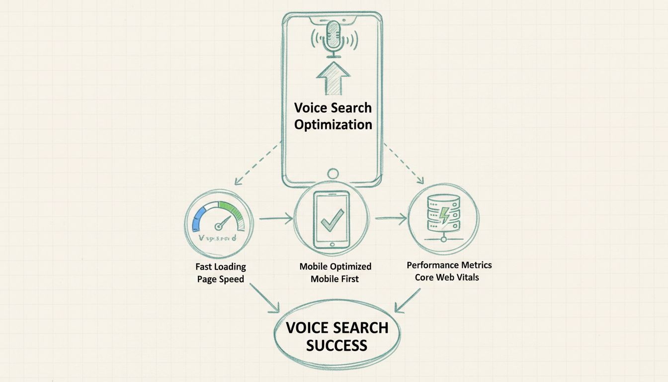 Hand-drawn diagram showing website speed optimization for voice search with smartphone, speedometer, mobile optimization, and performance metrics