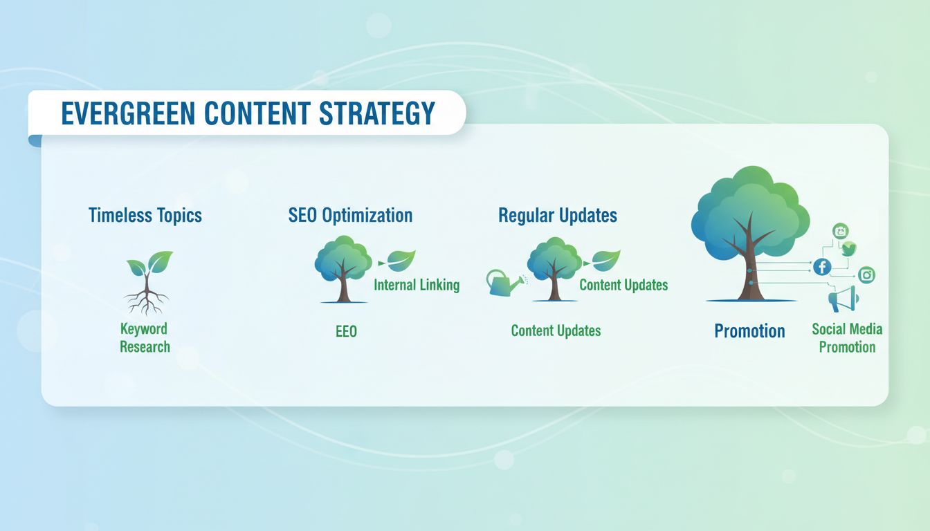 Evergreen content strategy infographic showing timeless topics, SEO optimization, regular updates, and promotion techniques