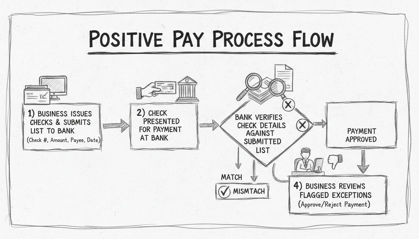 Positive Pay process flow diagram showing four steps: check issuance, submission to bank, verification, and business review
