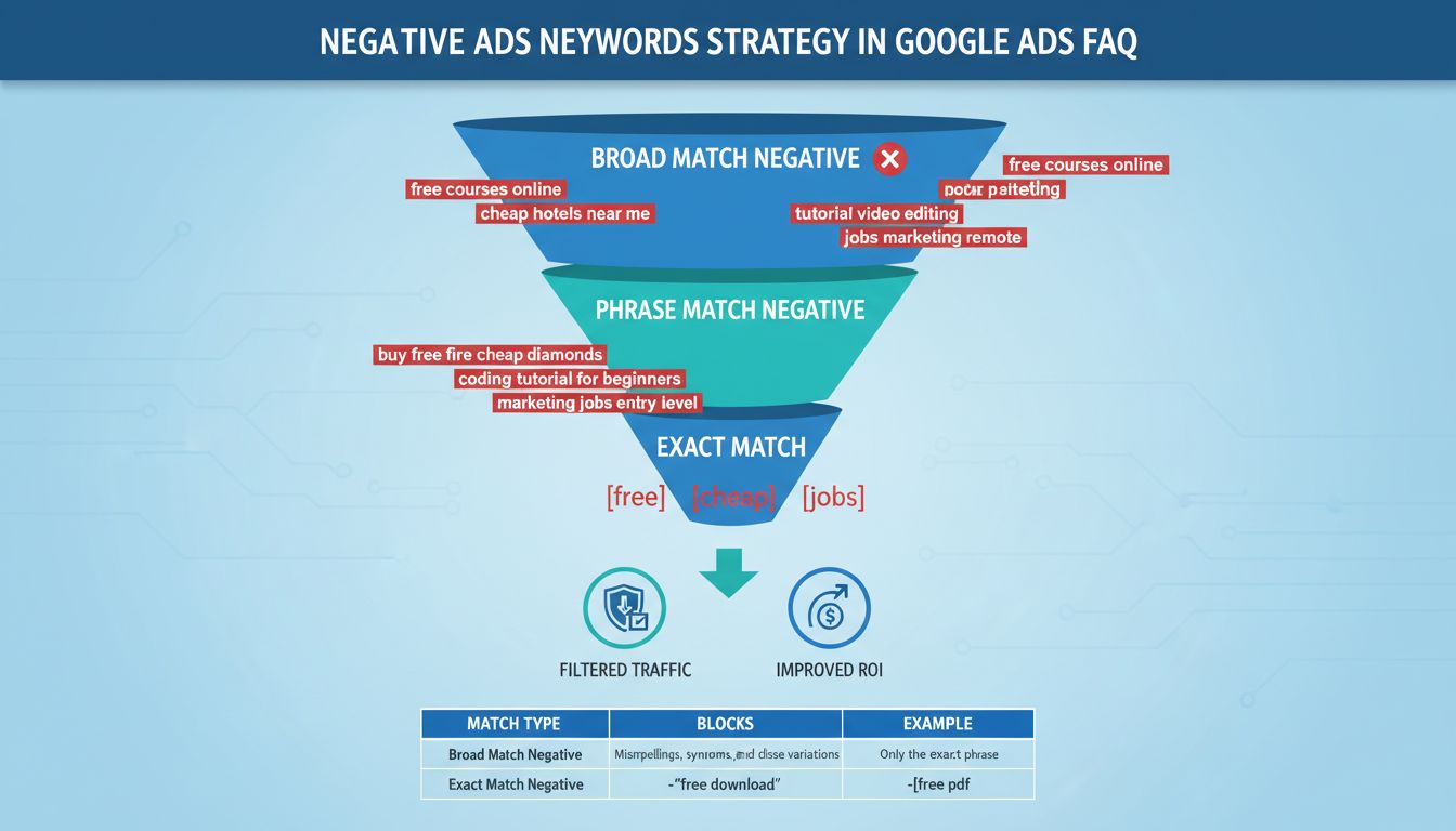 Negative keywords strategy infographic showing broad match, phrase match, and exact match filtering with examples of blocked search terms