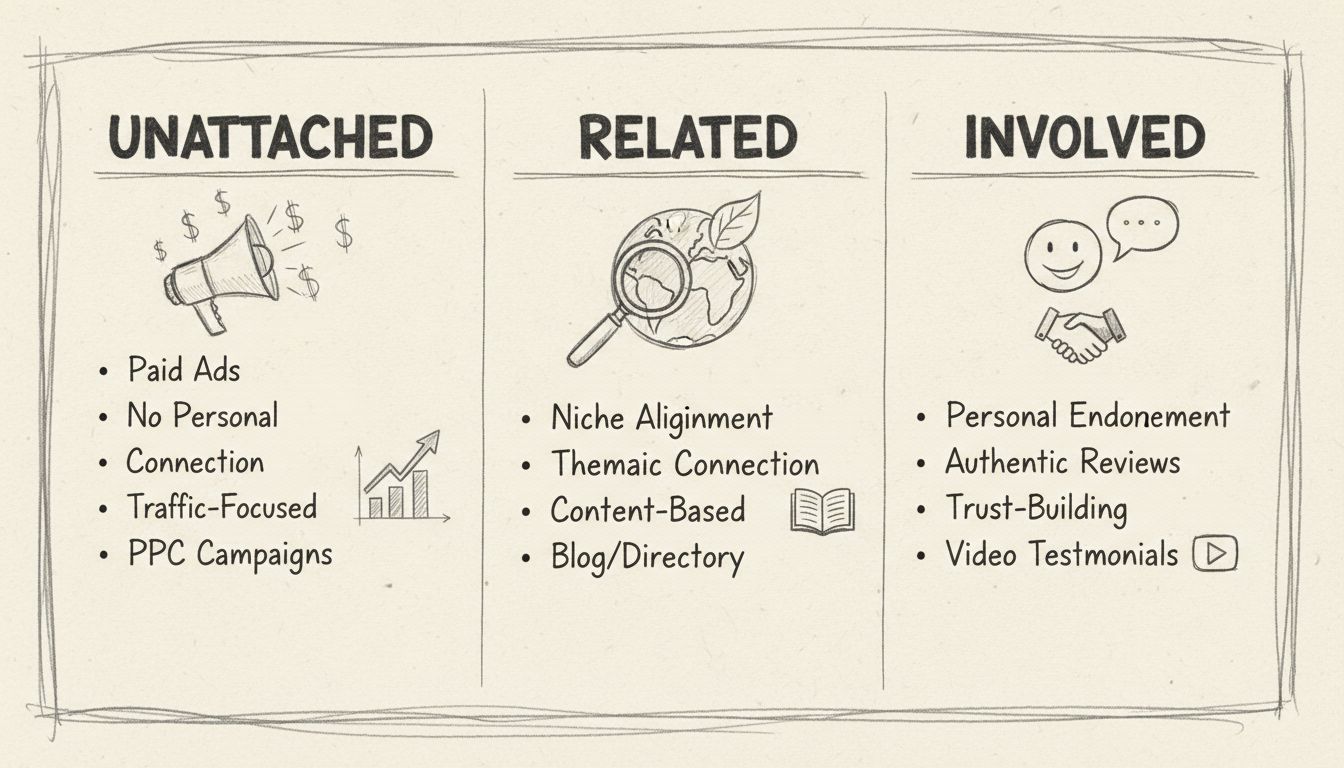 Comparison diagram of unattached, related, and involved affiliate marketing types showing their characteristics and strategies