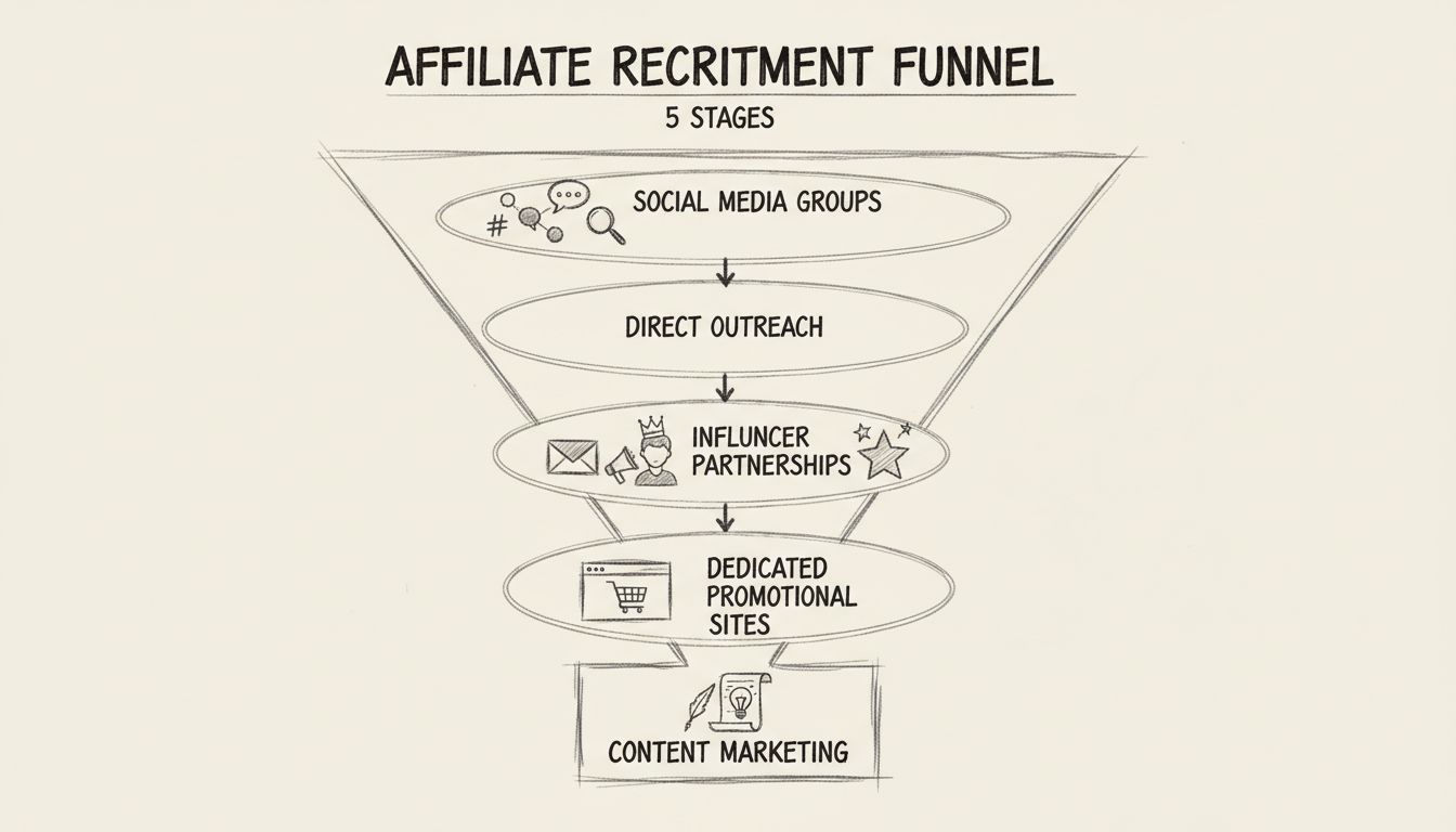 Affiliate recruitment funnel diagram showing five stages: Social Media Groups, Direct Outreach, Influencer Partnerships, Dedicated Promotional Sites, and Content Marketing