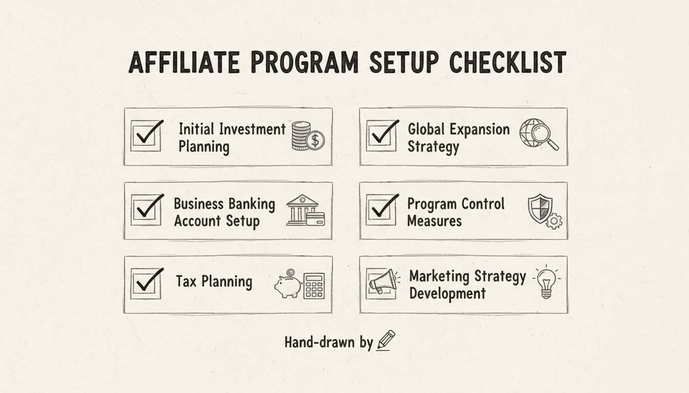 Affiliate program setup checklist showing initial investment planning, business banking, tax planning, global expansion, program control, and marketing strategy