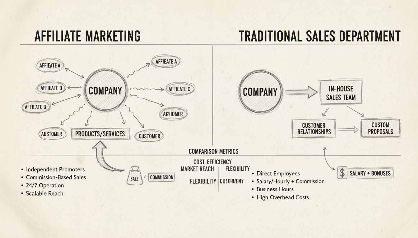 Comparison diagram of affiliate marketing vs traditional sales department showing key differences in structure, costs, and capabilities