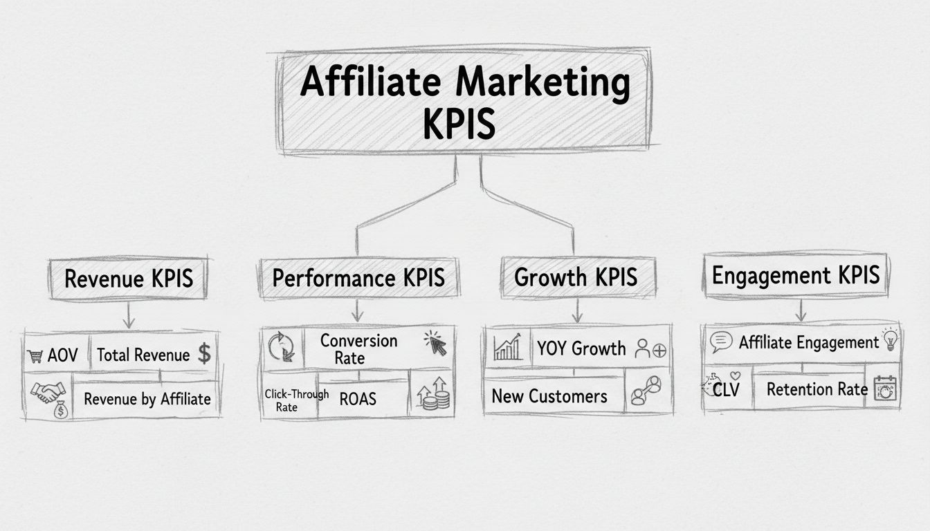 Affiliate Marketing KPIs Hierarchy Diagram showing Revenue, Performance, Growth, and Engagement KPIs