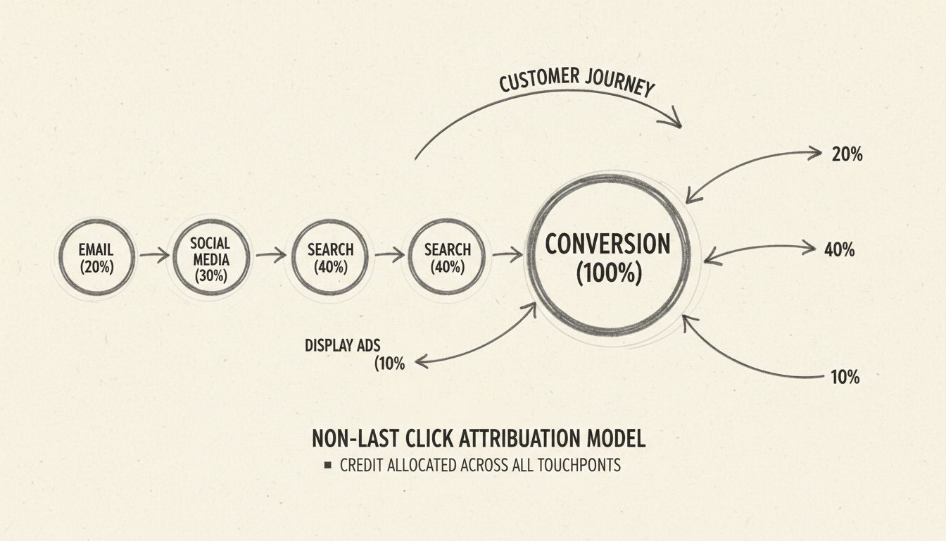 Non-last click attribution model diagram showing multiple marketing touchpoints with credit distribution across channels