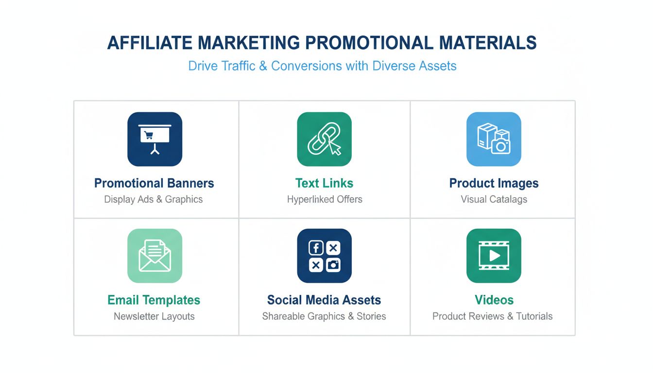 Types of promotional materials used in affiliate marketing including banners, text links, product images, email templates, social media assets, and videos