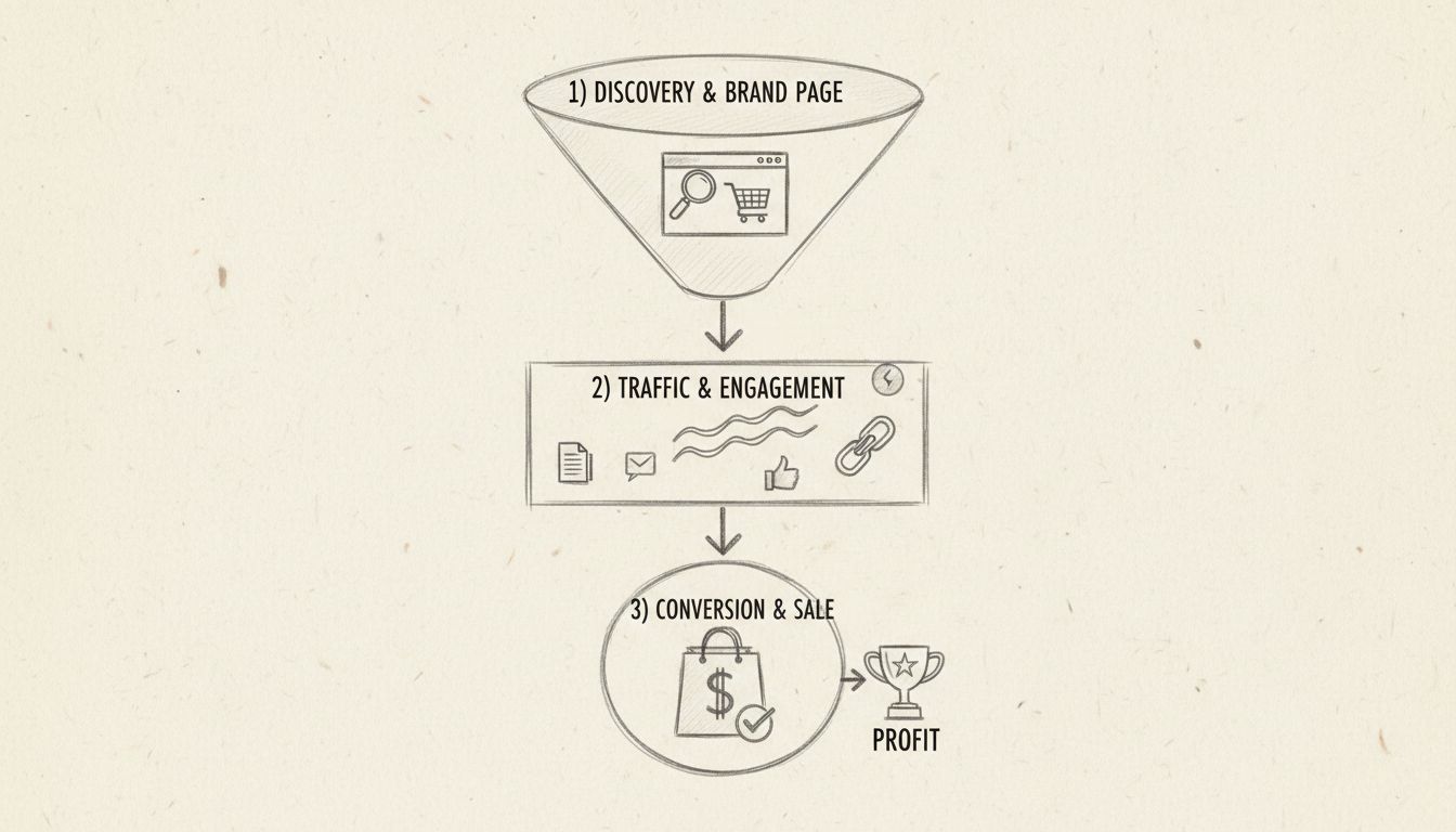Affiliate marketing sales funnel diagram showing three stages: affiliate discovery, traffic generation, and successful conversion