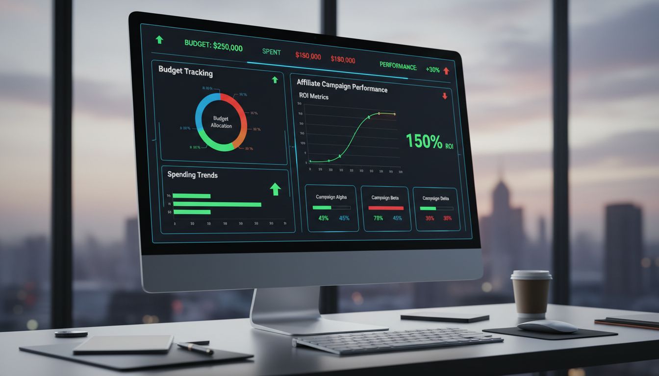 Professional budget tracking dashboard showing campaign performance metrics and ROI indicators